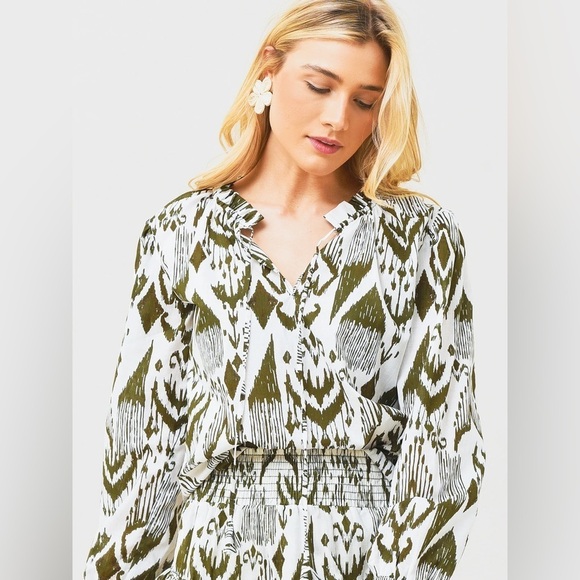 MISA / Merida ikat split neck blouse olive green cotton extra small XS - Picture 4 of 7